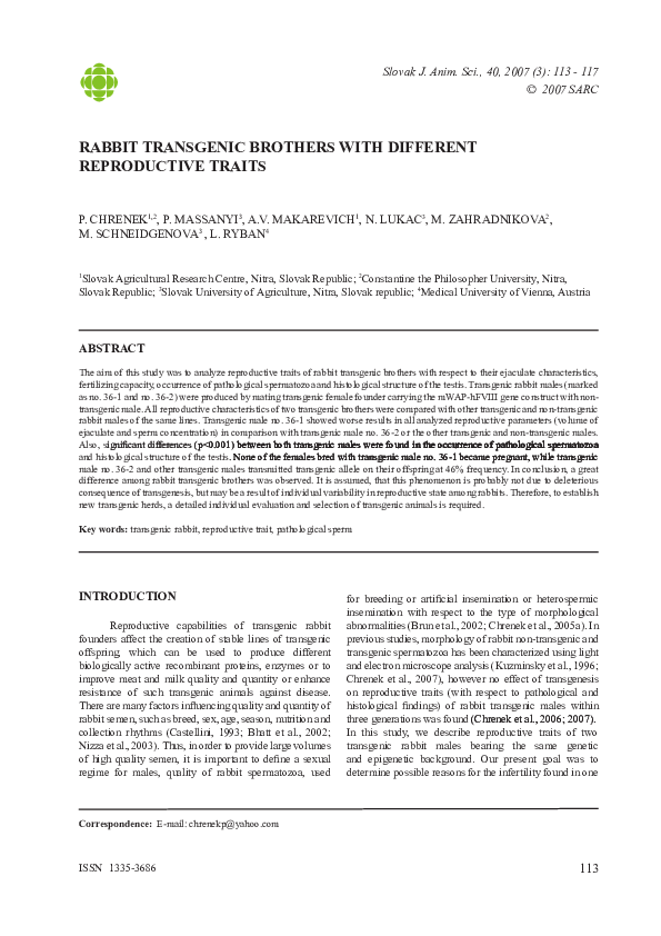 (PDF) Rabbit transgenic brothers with different reproductive traits