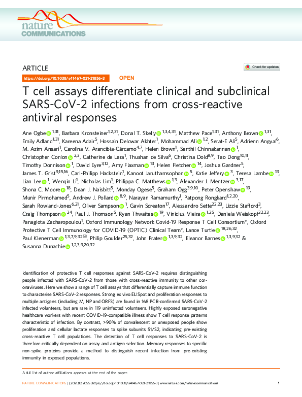 (PDF) T cell assays differentiate clinical and subclinical SARS-CoV-2 ...