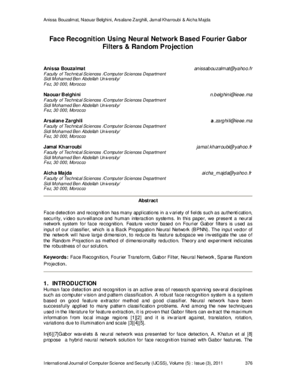 (PDF) Face Recognition Using Neural Network Based Fourier Gabor Filters ...