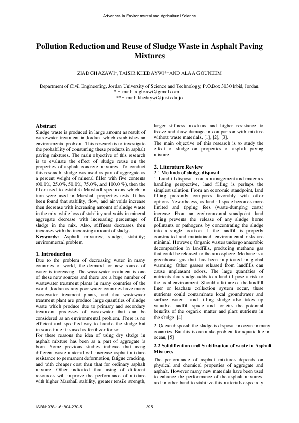 (PDF) Pollution Reduction and Reuse of Sludge Waste in Asphalt Paving ...