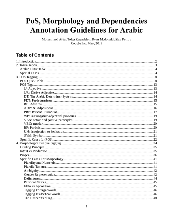 (PDF) PoS, Morphology and Dependencies Annotation Guidelines for Arabic