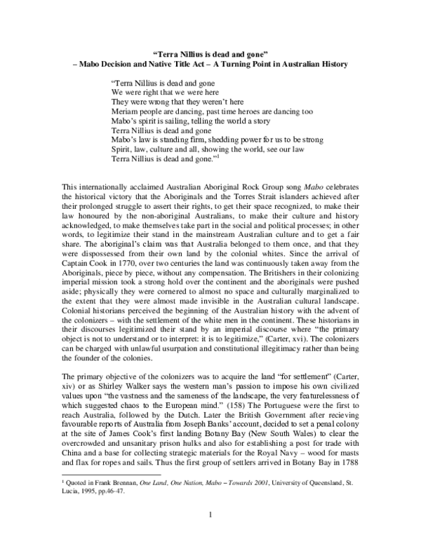 (PDF) “Terra Nillius is dead and gone” – Mabo Decision and Native Title ...