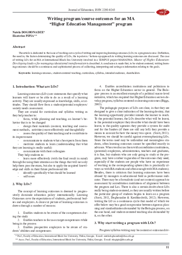 (PDF) Writing program/course outcomes for an MA “Higher Education ...