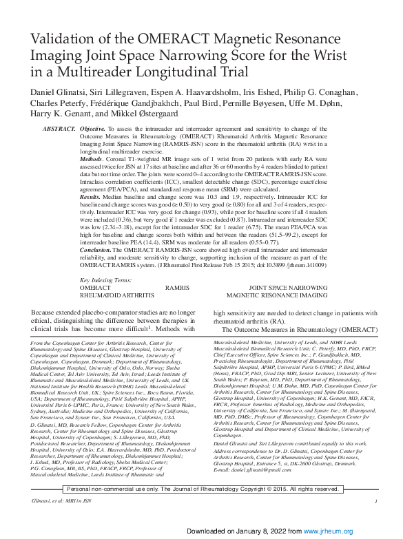 (PDF) Validation of the OMERACT Magnetic Resonance Imaging Joint Space ...