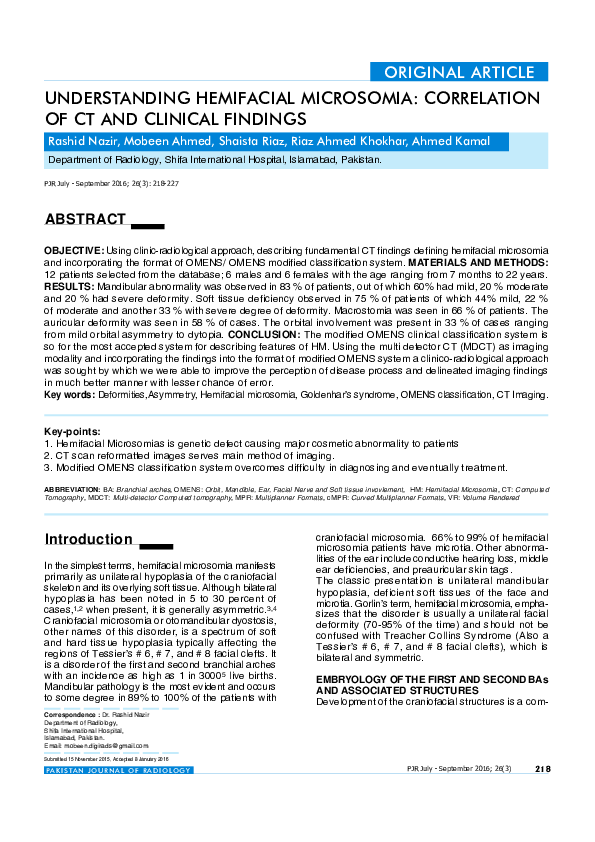 (PDF) Understanding Hemifacial Microsomia: Correlation of CT and ...