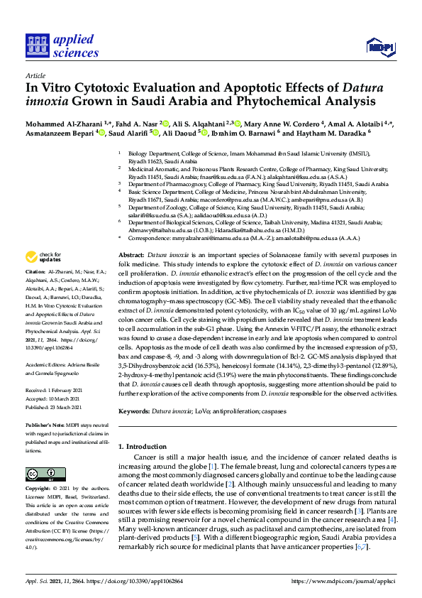 (PDF) In Vitro Cytotoxic Evaluation and Apoptotic Effects of Datura ...