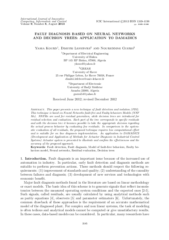 (PDF) Fault diagnosis based on neural networks and decision trees ...