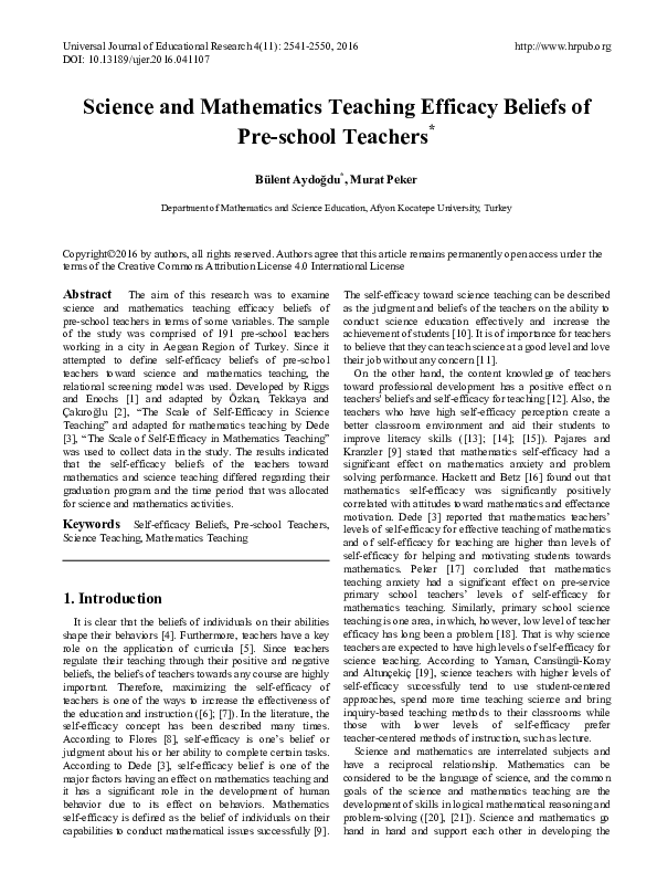 (PDF) Science and Mathematics Teaching Efficacy Beliefs of Pre-school ...