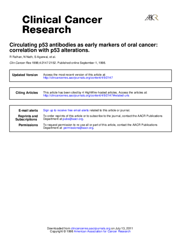 (PDF) Circulating p53 antibodies as early markers of oral cancer ...