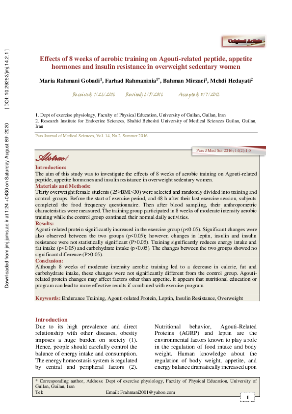 (PDF) Effects of 8 weeks of aerobic training on Agouti-related peptide ...