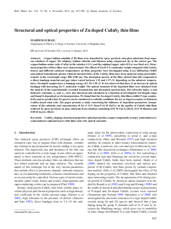(PDF) Structural and Optical Properties of Zn Doped CdTe Thin Films by ...