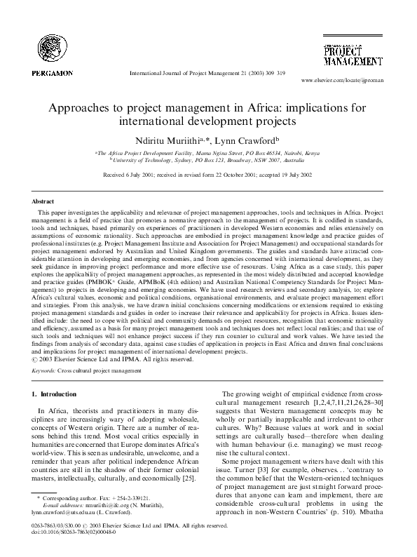 (PDF) Approaches to project management in Africa: implications for ...