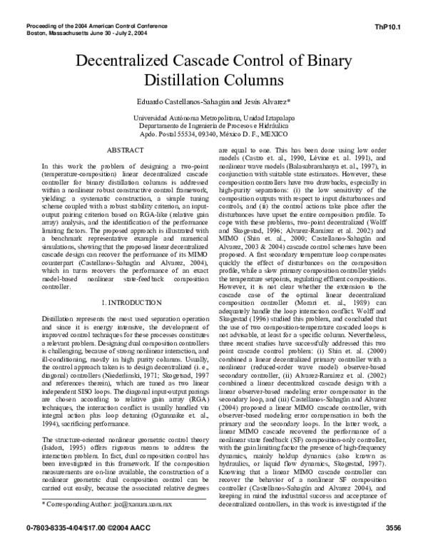 (PDF) Decentralized cascade control of binary distillation columns