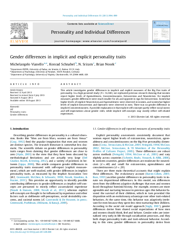 (PDF) Gender differences in implicit and explicit personality traits