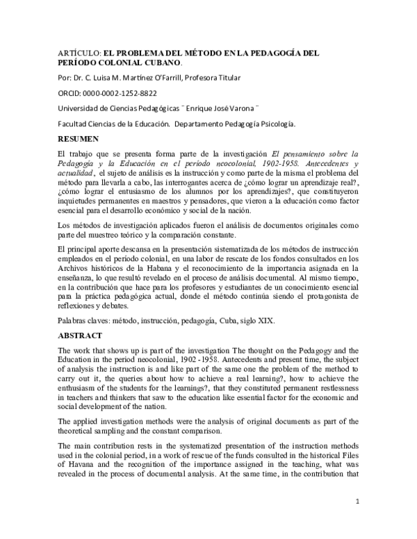 ARTÍCULO: EL PROBLEMA DEL MÉTODO EN LA PEDAGOGÍA DEL PERÍODO COLONIAL CUBANO