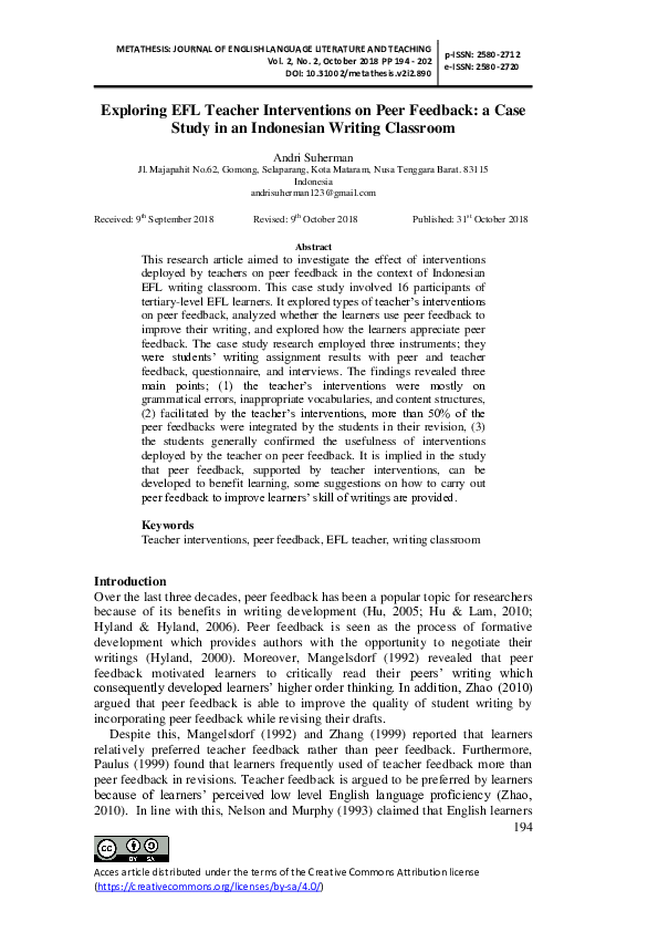 (PDF) Exploring EFL Teacher Interventions on Peer Feedback : a Case ...