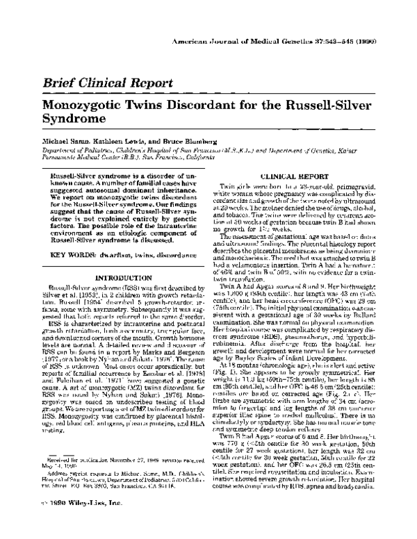 (PDF) Monozygotic twins discordant for the Russell-Silver syndrome