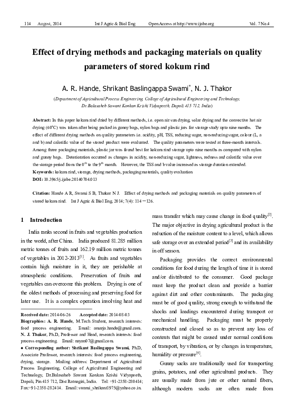 (PDF) Effect of drying methods and packaging materials on quality ...