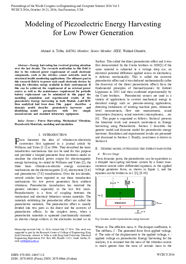 (PDF) Modeling of Piezoelectric Energy Harvesting for Low Power Generation