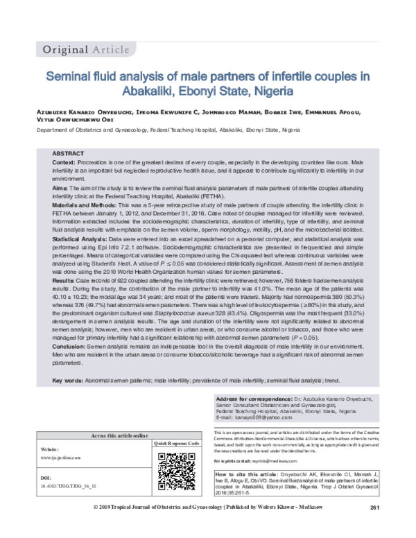 (PDF) Seminal fluid analysis of male partners of infertile couples in ...