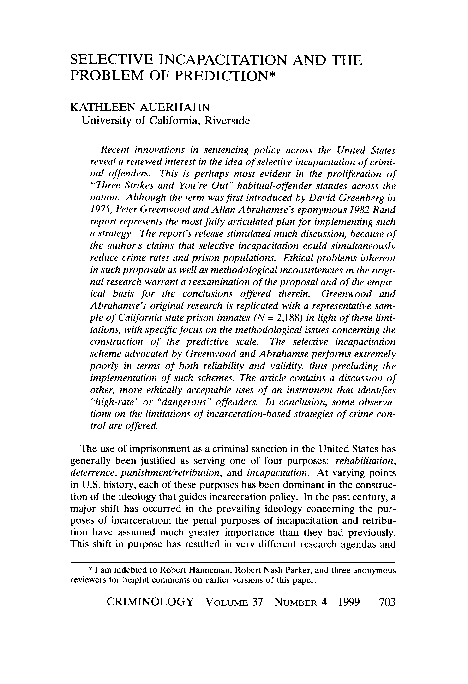 (PDF) Selective Incapacitation and the Problem of Prediction*