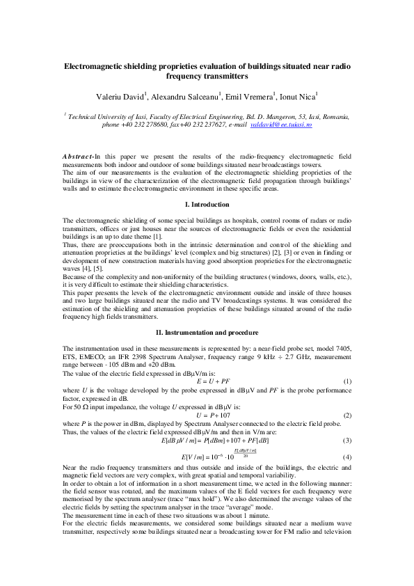 (PDF) Electromagnetic shielding proprieties evaluation of buildings ...