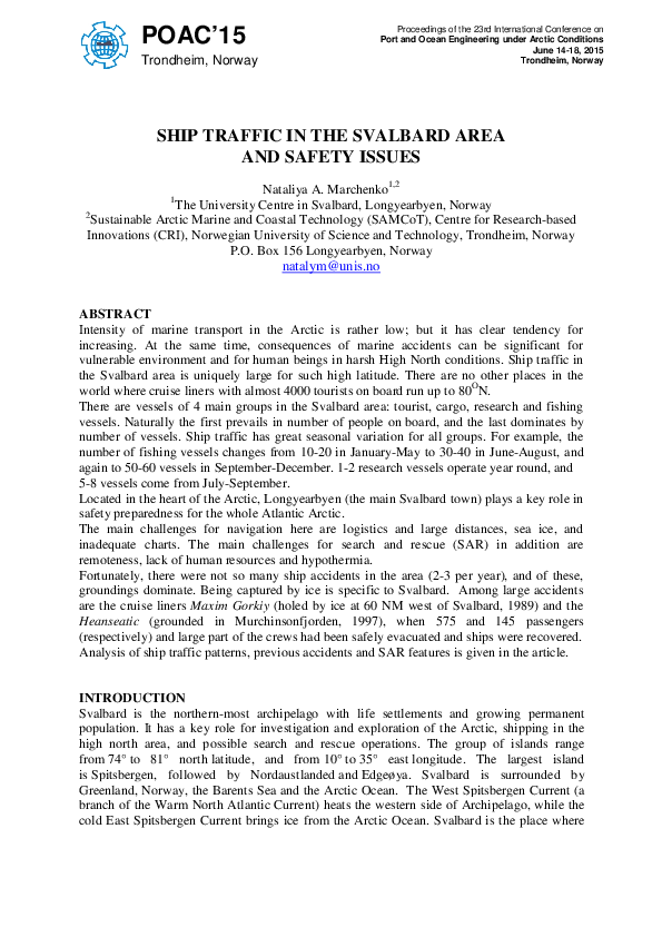 (PDF) Ship Traffic in the Svalbard Area and Safety Issues