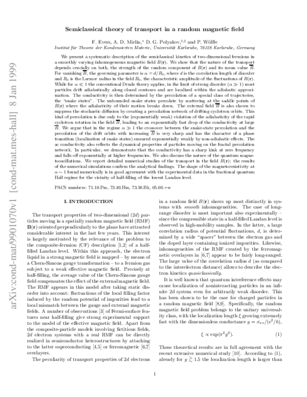 (PDF) Semiclassical theory of transport in a random magnetic field