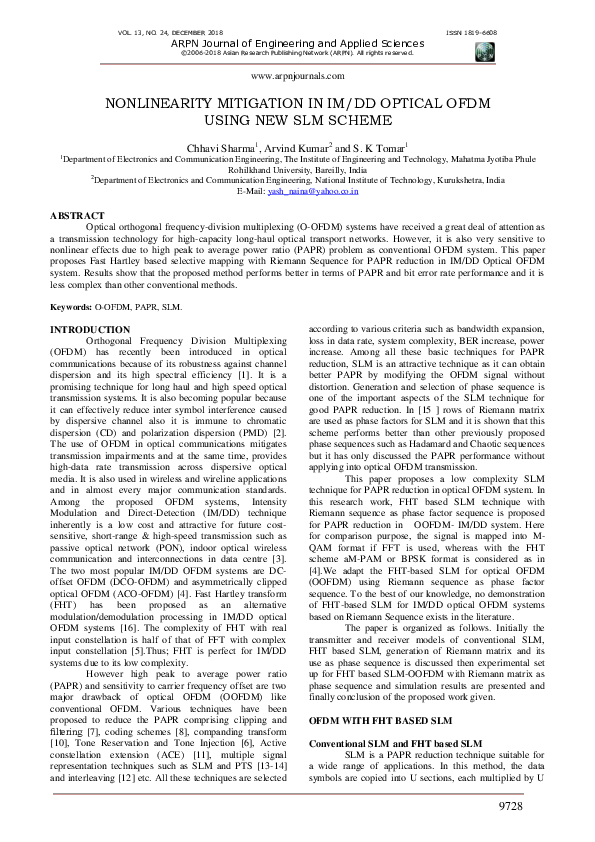 (PDF) Nonlinearity Mitigation in Im / DD Optical Ofdm Using New SLM Scheme