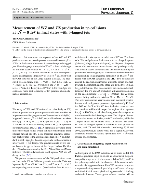 (PDF) Measurement of WZ and ZZ production in pp collisions at in final ...