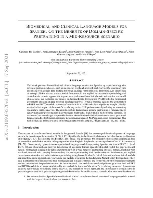 (PDF) Biomedical and Clinical Language Models for Spanish: On the ...