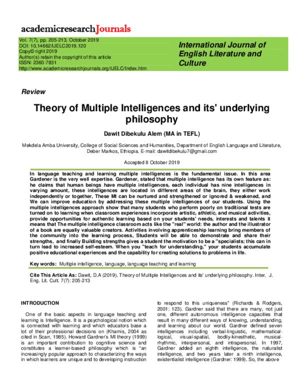 (PDF) Theory of Multiple Intelligences and its' underlying philosophy