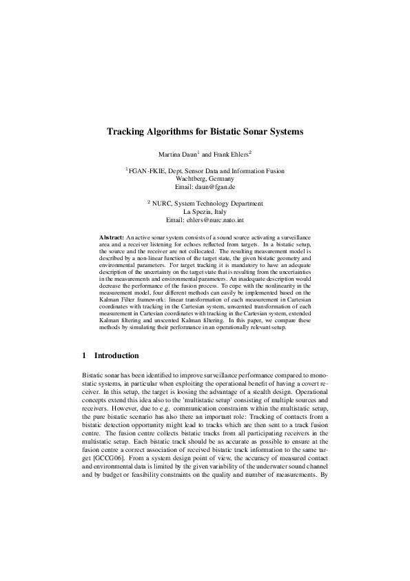 (PDF) Tracking Algorithms for Bistatic Sonar Systems