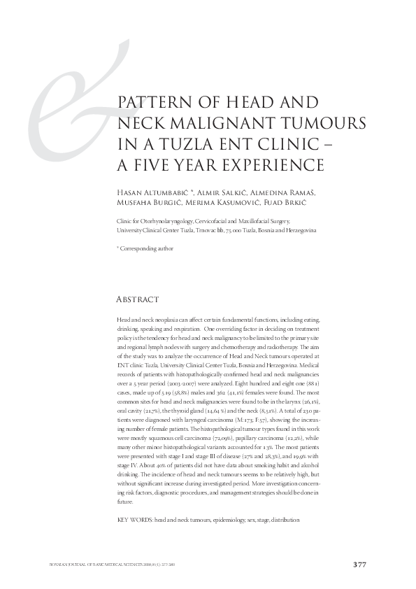 (PDF) Pattern of head and neck malignant tumours in a Tuzla ENT Clinic ...