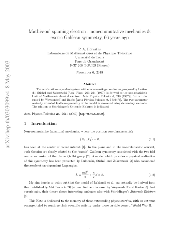 (PDF) Mathisson'spinning electron: noncommutative mechanics & exotic ...