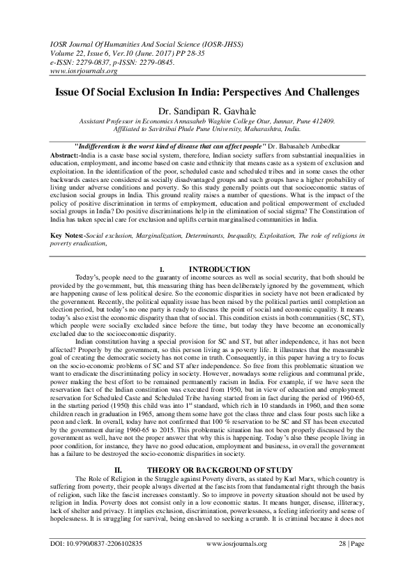 (PDF) Of Social Exclusion In India : Perspectives And Challenges