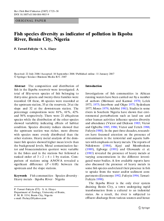 (PDF) Fish species diversity as indicator of pollution in Ikpoba River ...