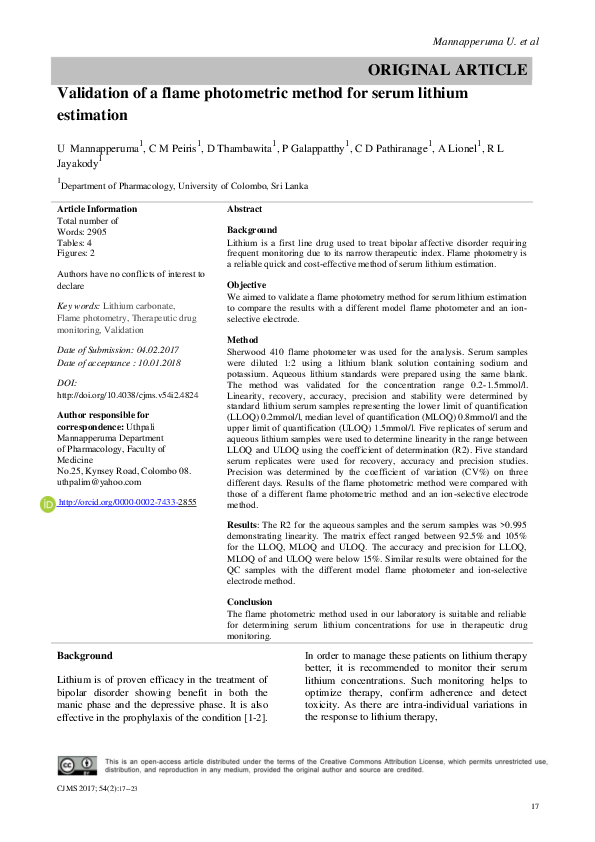 (PDF) Validation of a flame photometric method for serum lithium