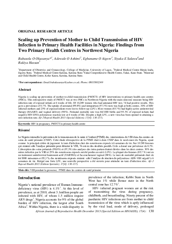 (PDF) Scaling up prevention of mother to child transmission of HIV ...