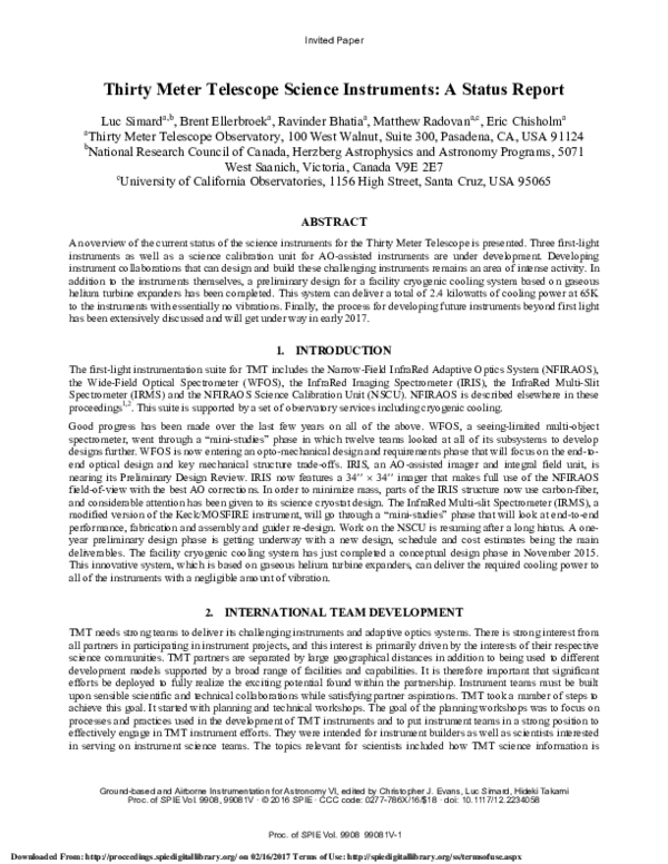 (PDF) Thirty Meter Telescope science instruments a status report