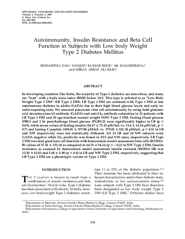 (PDF) Autoimmunity, Insulin Resistance and Beta Cell Function in ...