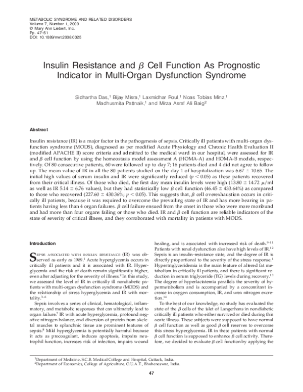 (PDF) Insulin resistance and beta cell function as prognostic indicator ...