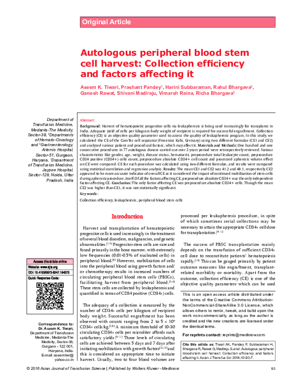 (PDF) Autologous peripheral blood stem cell harvest: Collection ...