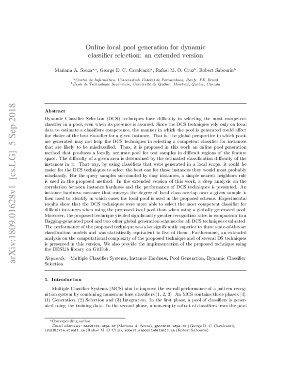 (PDF) Online local pool generation for dynamic classifier selection