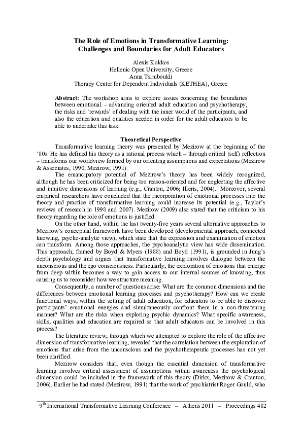 (PDF) The Role of Emotions in Transformative Learning : Challenges and ...