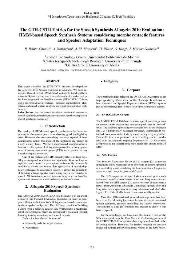 (PDF) The GTH-CSTR Entries for the Speech Synthesis Albayzin 2010 ...