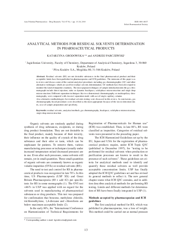 (PDF) Analytical methods for residual solvents determination in ...