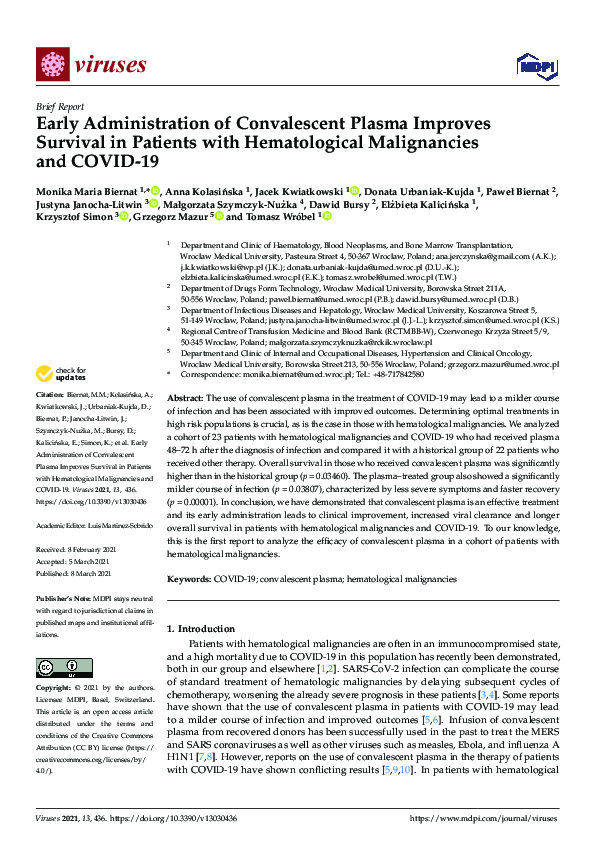 (PDF) Early Administration of Convalescent Plasma Improves Survival in ...