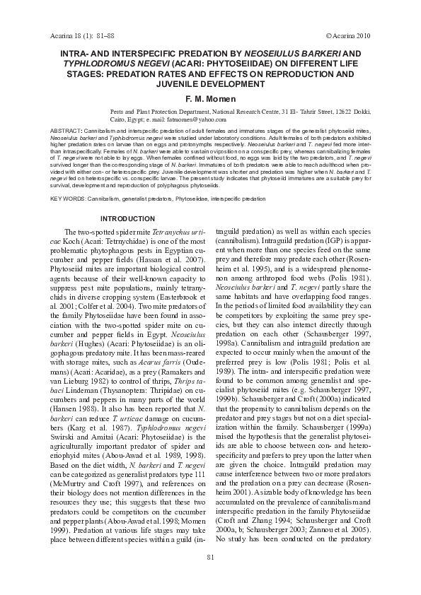 (PDF) Intra- and interspecific predation by Neoseiulus barkeri and ...