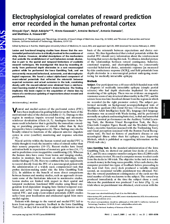 (PDF) Electrophysiological correlates of reward prediction error ...